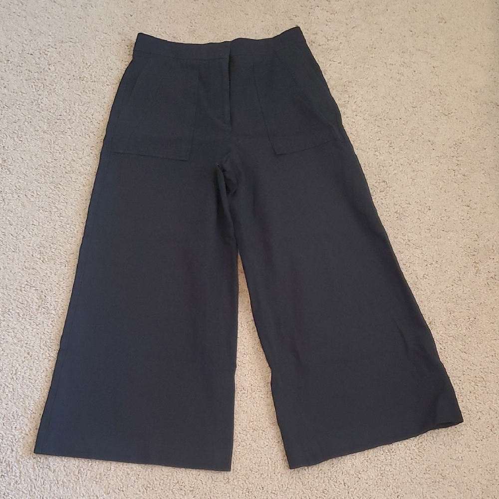 Ann Taylor Blue Wide-Leg Pull-On Crop Pants with Front Patch Pockets